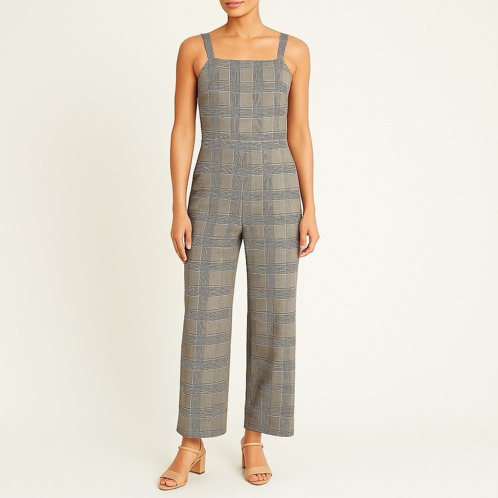 Plaid Sleeveless Wide Leg Jumpsuit Women's Size Large Square Neck Checkered